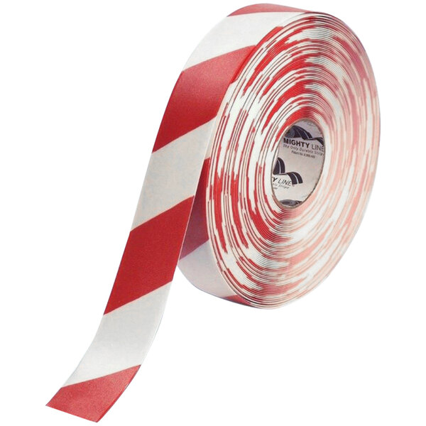 A roll of Mighty Line white tape with red chevrons and stripes.