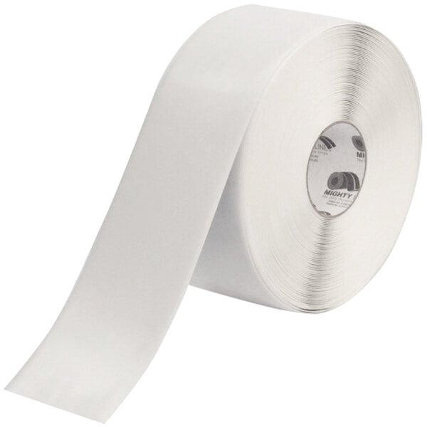 A roll of white Mighty Line safety tape.