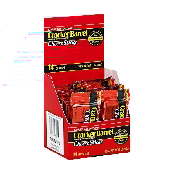 A red box of Cracker Barrel Extra Sharp Cheddar Cheese Sticks.