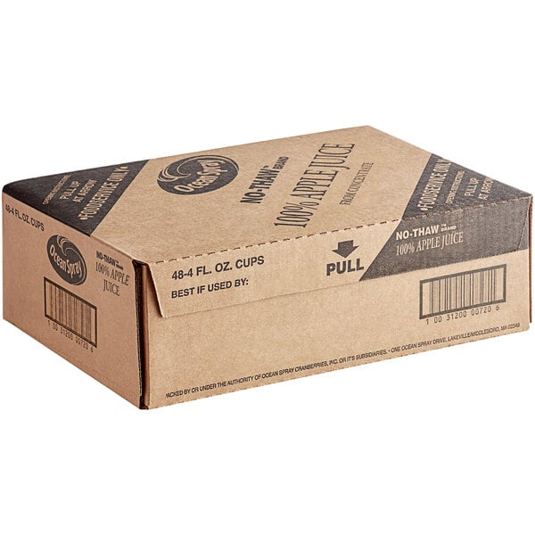 A brown cardboard box of Ocean Spray Apple Juice Cups with black text labels.