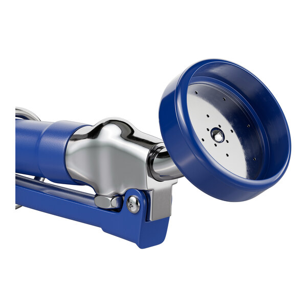 A blue and silver Waterloo pet grooming faucet with coiled hose and add-on faucet.