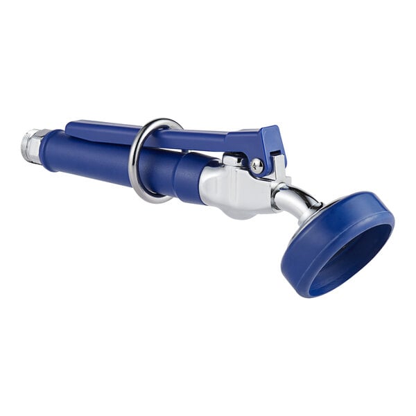 A blue and silver Waterloo Pet Grooming angled spray valve with a metal handle.
