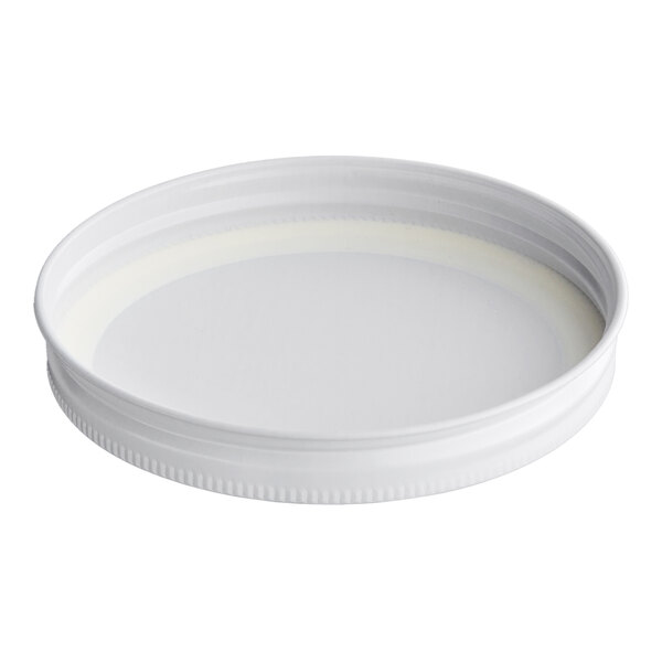 A white metal lid with an 89/400 size and a plastisol liner.