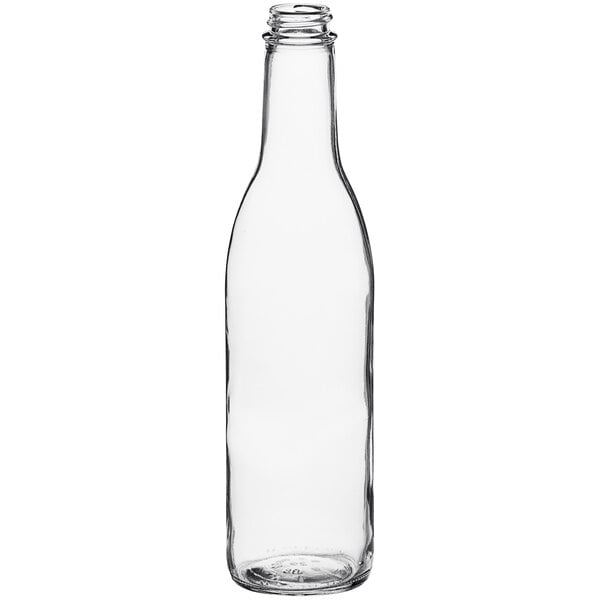A clear glass 375 mL Burgundy wine bottle with a black lid.
