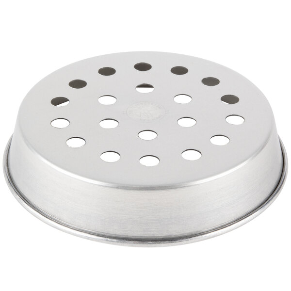 An American Metalcraft tin-plated steel round deep dish pizza pan with holes in it.
