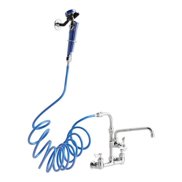 A Waterloo pet grooming faucet with a blue coiled hose attached to it.