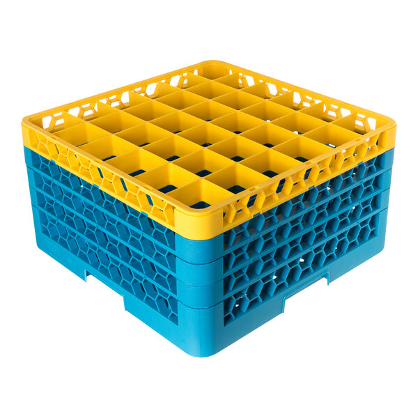 A square plastic glass rack with a yellow top and blue sides, featuring 36 compartments and four extenders.