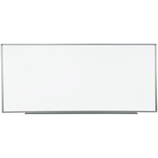 A white board with a metal frame.