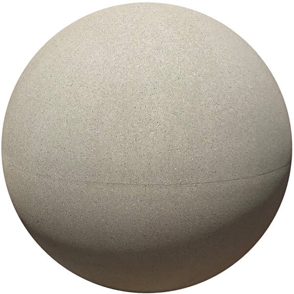 A white concrete sphere bollard with a black band around the middle.