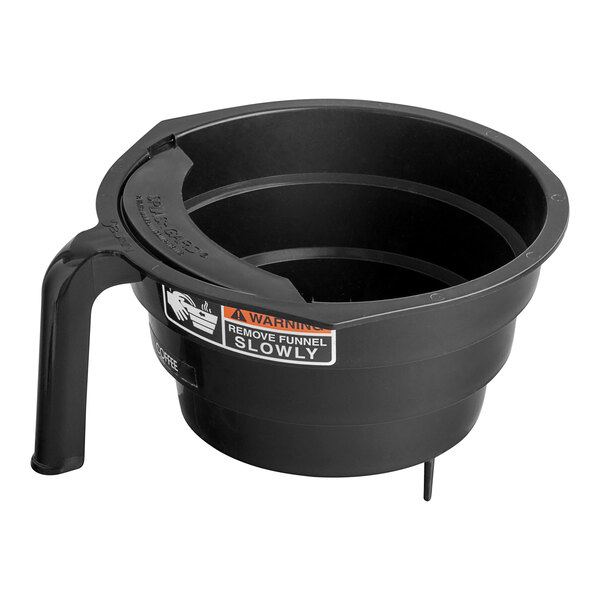 A black funnel with a handle.