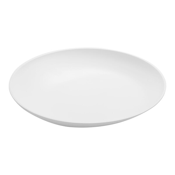 A plain, white, shallow bowl with a smooth, slightly slanted rim.