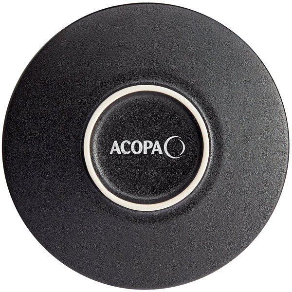 A black matte textured Acopa stoneware plate with the word "Acopa" in white text.