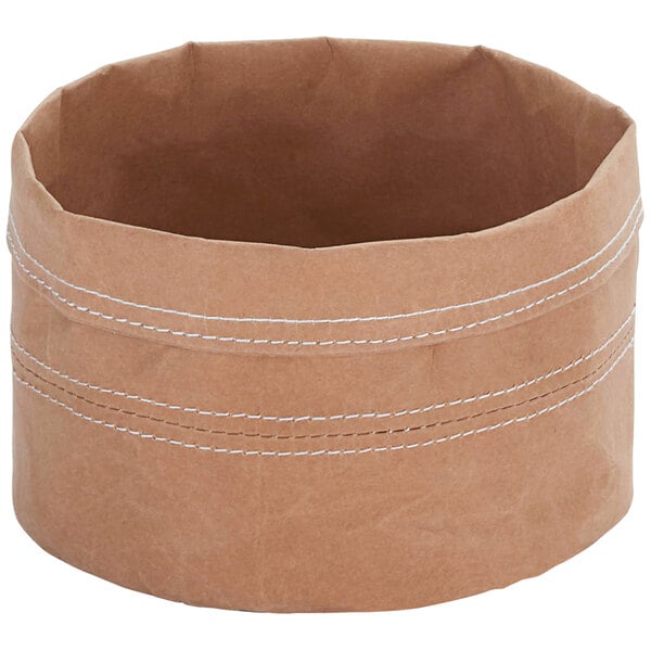 An American Metalcraft khaki kraft paper bread basket with white stitching.