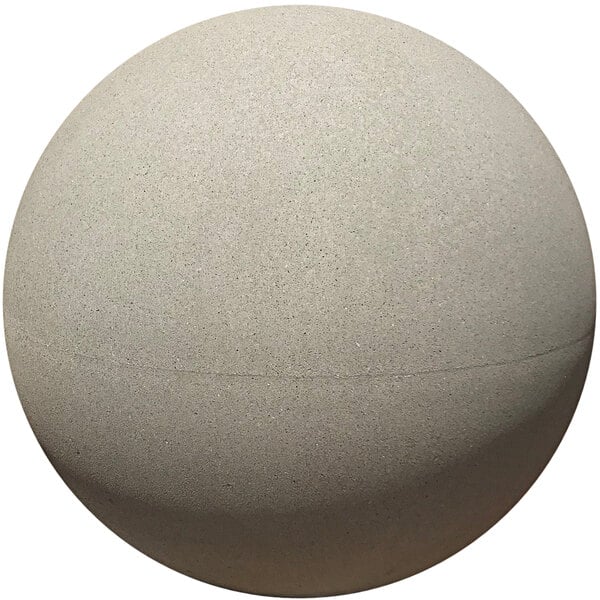 A white concrete sphere bollard with a black line.