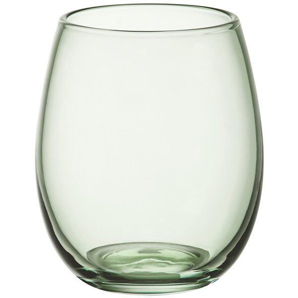 An Acopa Pangea green stemless wine glass.