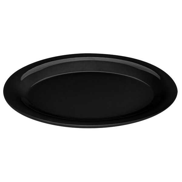 A black oval melamine platter with a black rim.