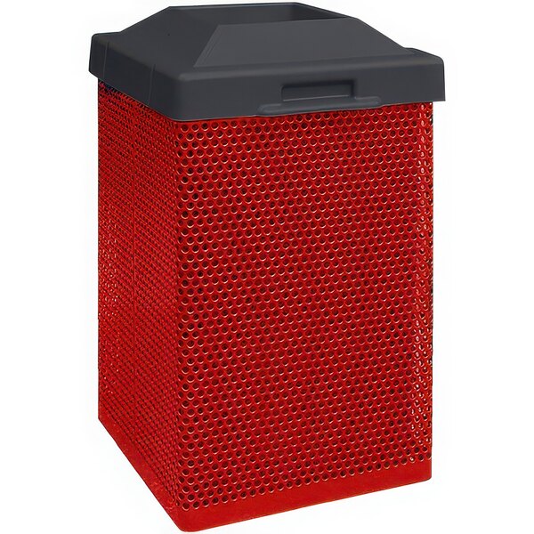 A red metal Wausau Tile square trash receptacle with a black plastic pitch-in lid.