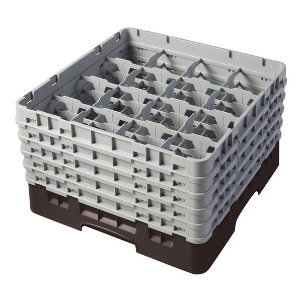 A brown and gray 16-compartment glass rack with five extenders for washing and storing glassware.