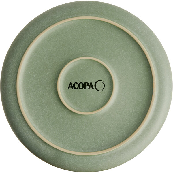 An Acopa Pangea sage matte porcelain pasta bowl in green with white accents.