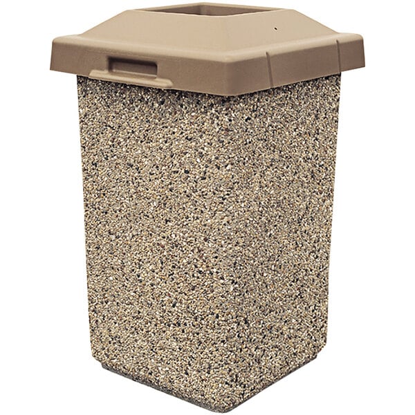 A Wausau Tile concrete square trash receptacle with a plastic lid.