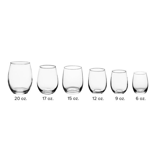 A clear 20 oz. stemless wine glass shown alongside other sizes for comparison.