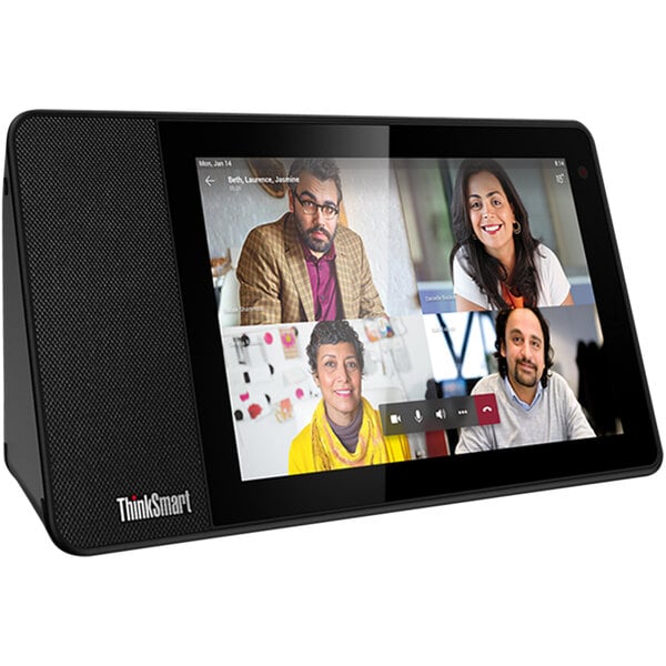 A black rectangular Lenovo ThinkSmart View device with a screen showing a group of people in a brunch café.