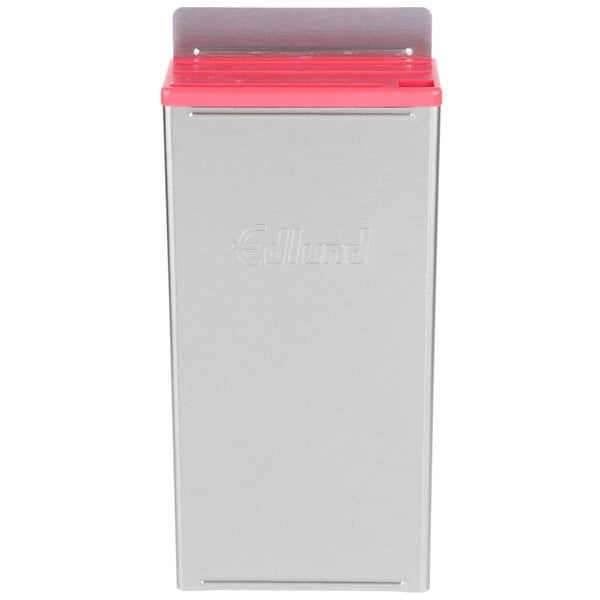 A white box with black and red text and a silver and red plastic lid.