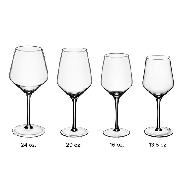 A row of Acopa Silhouette wine glasses.