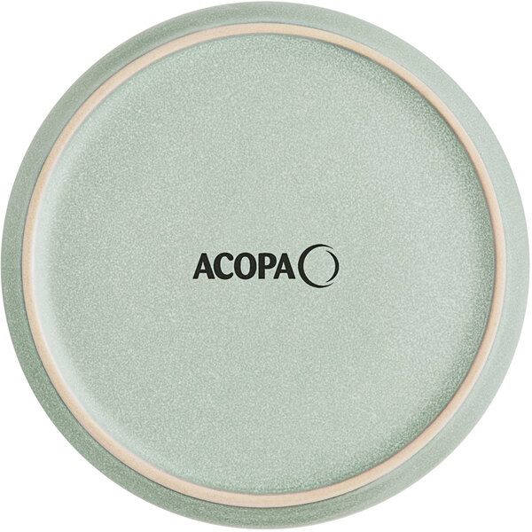A close up of an Acopa Harbor Blue Matte Coupe Porcelain Plate with the word "Acopa" on it.