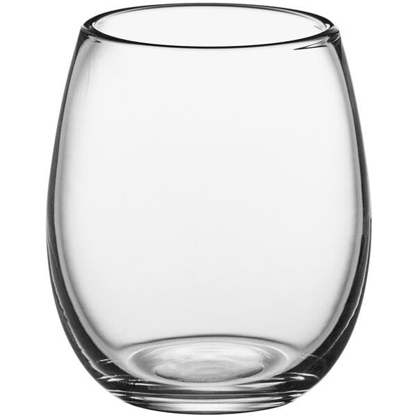 An Acopa Pangea stemless wine glass with a white background.