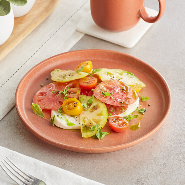 An Acopa Pangea Terra Cotta coupe plate with food on a table.