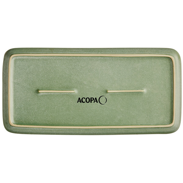 A sage green rectangular porcelain platter with a white border and the word "Acopa" on it.