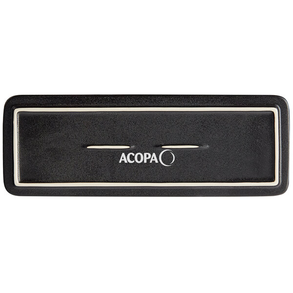A black rectangular stoneware plate with a matte textured finish and white text that reads "Acopa"