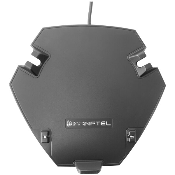 A black Konftel charging cradle with a cord attached to it.