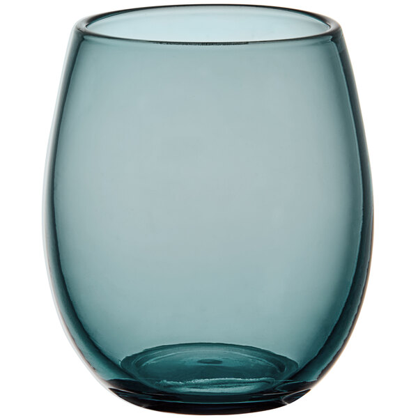 A blue stemless wine glass on a white background.