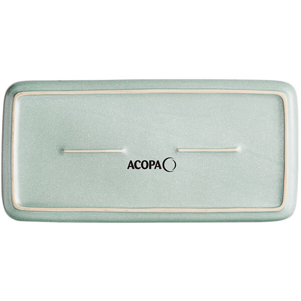 A rectangular blue Acopa porcelain platter with a white border.