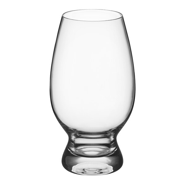 An Acopa Select wheat beer glass with a short stem and a black rim on a white background.