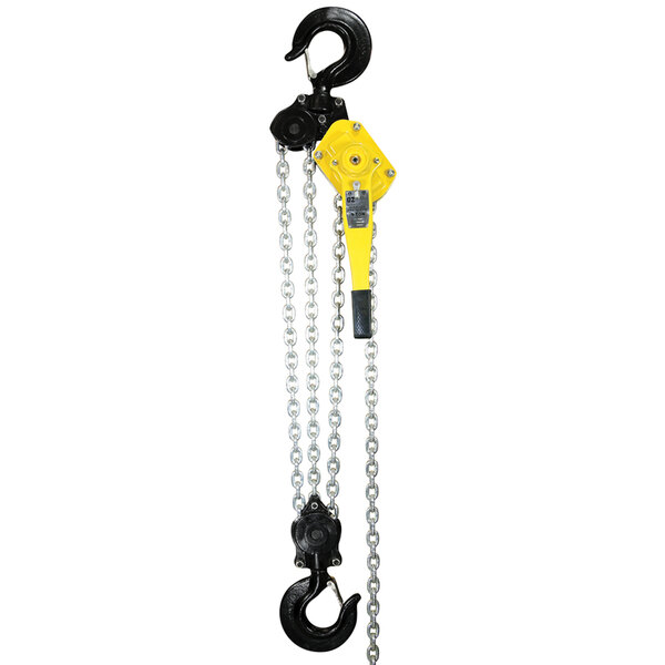 A yellow and black metal chain hoist with a hook.