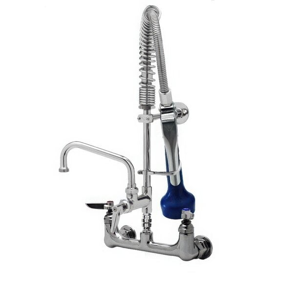 A T&S chrome wall mounted pre-rinse faucet with blue handle and hose.