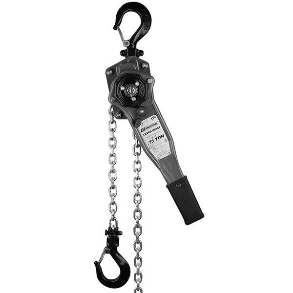 An OZ Lifting Products chain hoist with a black handle, chain, and hook.