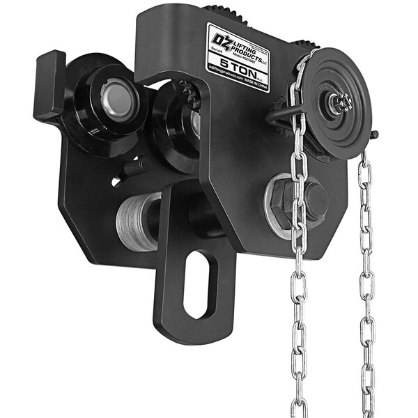 A close-up of a black metal OZ Lifting Products geared beam trolley with a chain attached.