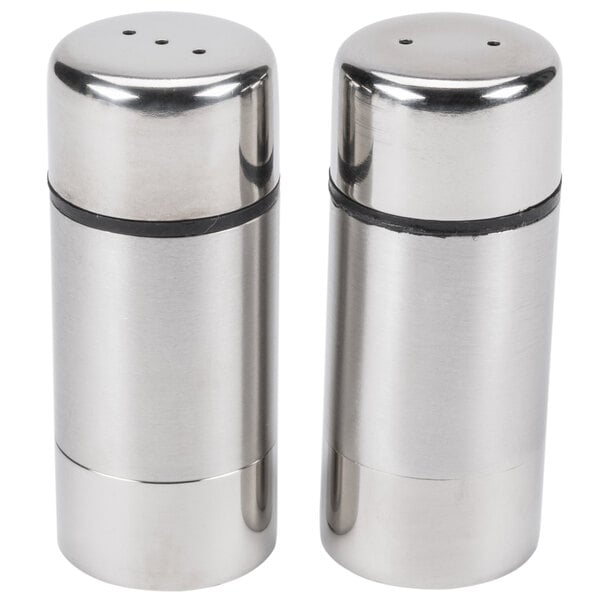Two American Metalcraft stainless steel salt and pepper shakers.