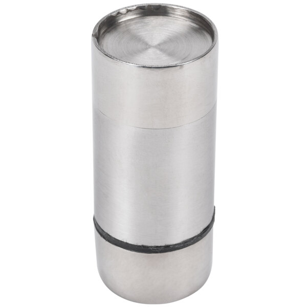 A silver stainless steel cylinder with a black band.