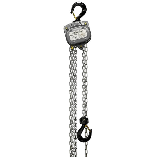 An OZ Lifting industrial chain hoist with chain and hook attached.