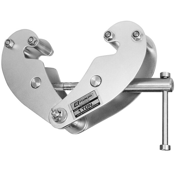 A silver OZ Lifting Products stainless steel beam clamp with metal screws.