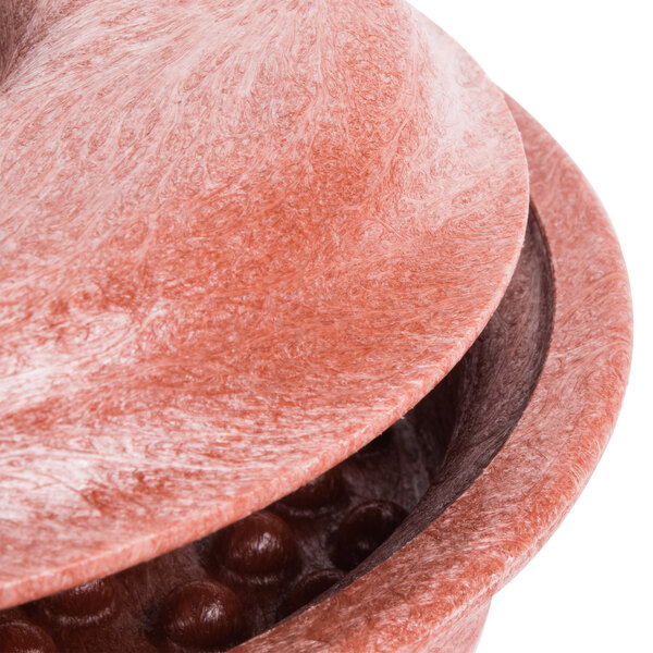 A red HS Inc. polyethylene tortilla server with a lid and handle.