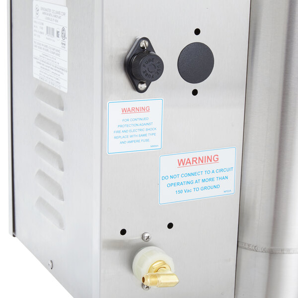 A Cecilware automatic coffee urn with a stainless steel water heater and warning label.