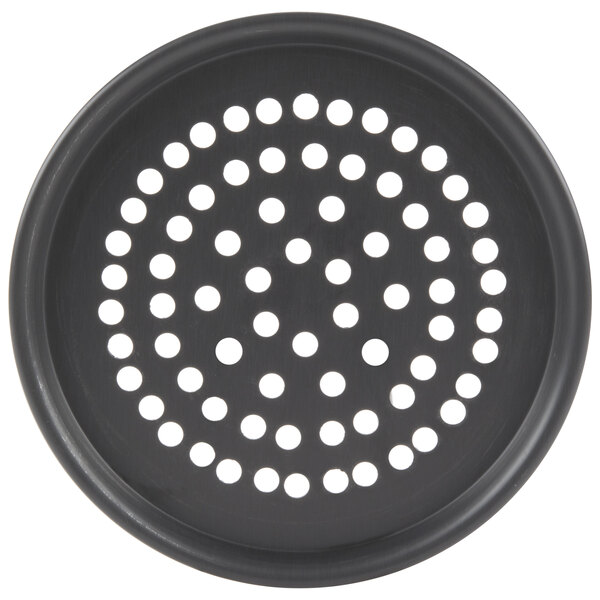 An American Metalcraft Super Perforated Hard Coat Anodized Aluminum Pizza Pan with holes in it.