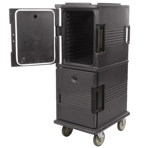 A granite gray rectangular plastic Cambro Ultra Camcart with a door open.