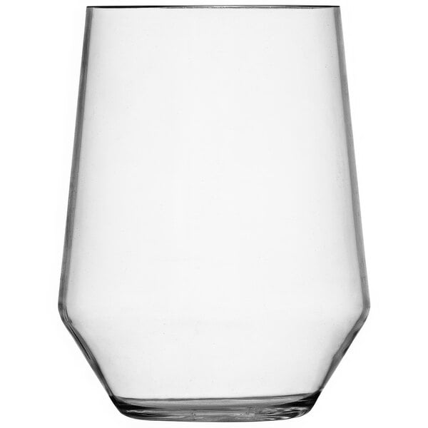 A Fortessa Sole Tritan plastic stemless wine glass with a curved bottom on a white background.